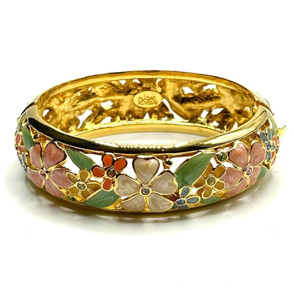Joan Rivers Enamel Floral Hinged Bangle Bracelet Gold Tone - Picture 1 of 8